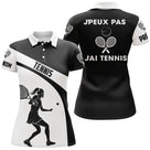 Polo tennis femme noir blanc humour j'peux pas devant joueuse raquette prénom manche personnalisé