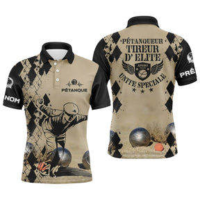 Polo pétanque sable noir tireur élite unité spéciale joueur boules dos manche prénom personnalisé