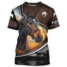 Polo équestre marron all-over homme avec cheval brun majestueux et inscription Passion Équitation, prénom personnalisé