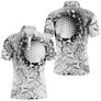 Polo golf homme femme blanc gris avec balle de golf qui éclate le mur de béton et fissures rayonnantes