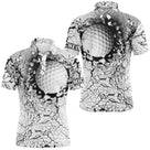 Polo golf homme femme blanc gris avec balle de golf qui éclate le mur de béton et fissures rayonnantes