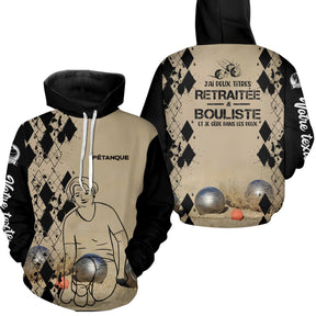 Sweat à capuche pétanque femme sable retraitée bouliste dos manche texte boules personnalisé