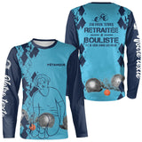 T-shirt manches longues pétanque femme bleu retraitée bouliste dos manche texte personnalisé