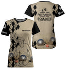 T-shirt all-over pétanque femme sable retraitée bouliste dos manche texte boules personnalisé