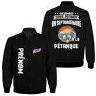 Veste pétanque bomber bleu marine vue avant fermeture éclair PRÉNOM manche logo torse personnalisable