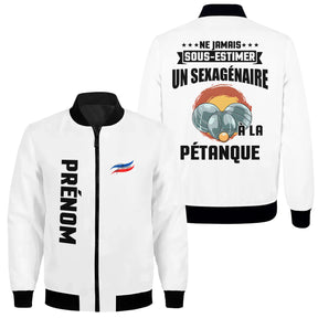 Veste pétanque bomber bleu marine vue manche prénom personnalisé logo association sport bouliste