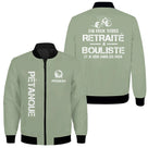 Veste bomber pétanque variante avec inscription PÉTANQUE et boules, prénom personnalisé