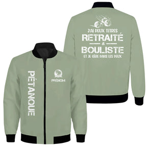 Veste bomber pétanque variante avec inscription PÉTANQUE et boules, prénom personnalisé