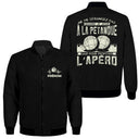 Veste bomber pétanque noire homme avec slogan Ne me dérangez pas, sauf pour l'apéro et boules, prénom et logo torse