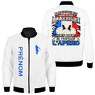 Veste bomber pétanque blanche tricolore homme avec slogan Ne dérangez pas, sauf apéro et drapeaux, prénom personnalisé