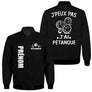 Veste bomber pétanque noire homme avec slogan J'peux pas j'ai pétanque et quatre boules, prénom et logo torse personnalisés