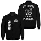 Veste bomber pétanque noire homme avec slogan J'peux pas j'ai pétanque et quatre boules, prénom et logo torse personnalisés