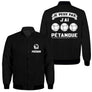 Veste bomber pétanque noire variante avec slogan J'peux pas j'ai pétanque, prénom personnalisé
