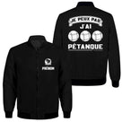 Veste bomber pétanque noire variante avec slogan J'peux pas j'ai pétanque, prénom personnalisé