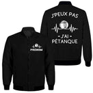 Veste bomber pétanque noire homme avec slogan J'peux pas j'ai pétanque et boule, prénom et logo torse personnalisés