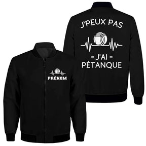 Veste bomber pétanque noire homme avec slogan J'peux pas j'ai pétanque et boule, prénom et logo torse personnalisés