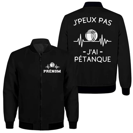 Veste bomber pétanque noire homme avec slogan J'peux pas j'ai pétanque et boule, prénom et logo torse personnalisés