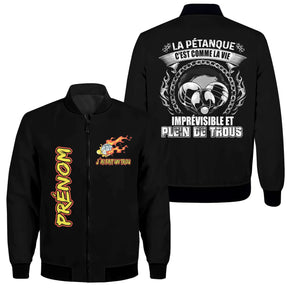 Veste bomber pétanque marine variante avec inscription pétanque imprévisible, prénom personnalisé