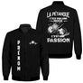 Veste bomber pétanque noire homme avec slogan Pétanque c'est une passion et battement coeur, prénom personnalisé