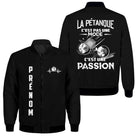 Veste bomber pétanque noire homme avec slogan Pétanque c'est une passion et battement coeur, prénom personnalisé