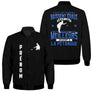 Veste bomber pétanque noire homme avec slogan Tous égaux meilleurs jouent pétanque, silhouette pointeur, prénom personnalisé