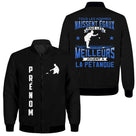 Veste bomber pétanque noire homme avec slogan Tous égaux meilleurs jouent pétanque, silhouette pointeur, prénom personnalisé