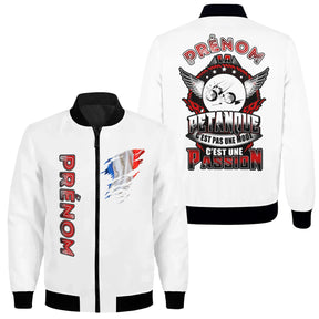 Veste bomber pétanque variante avec écusson tricolore et inscription, prénom personnalisé