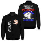 Veste bomber pétanque noire homme avec slogan Pas accro pétanque relation sérieuse, tricolore, prénom personnalisé