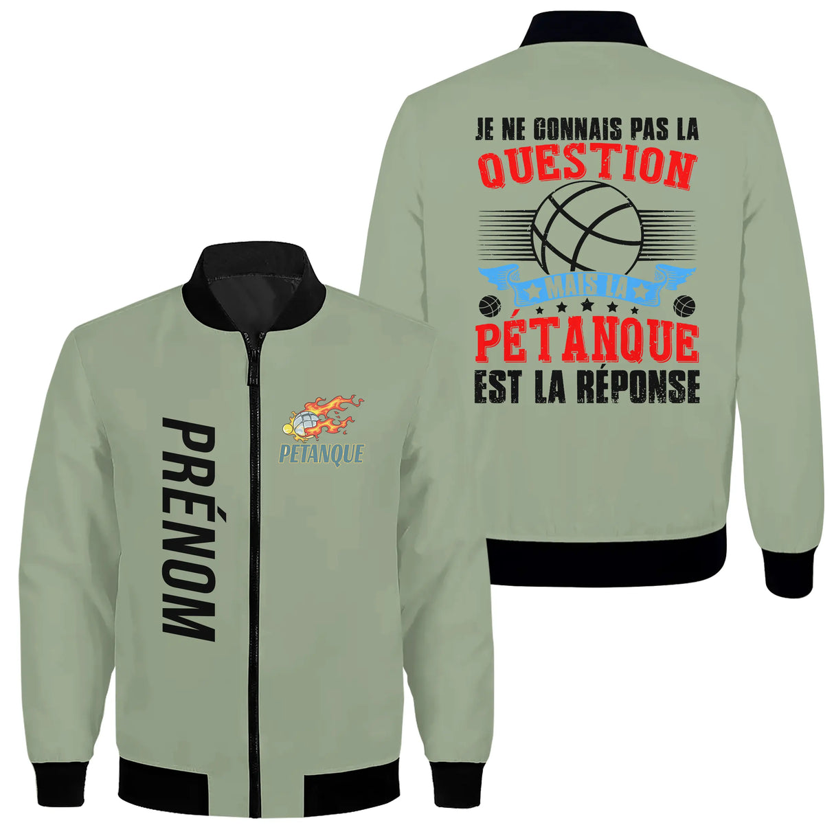 Veste bomber pétanque variante avec inscription question pétanque réponse, prénom personnalisé