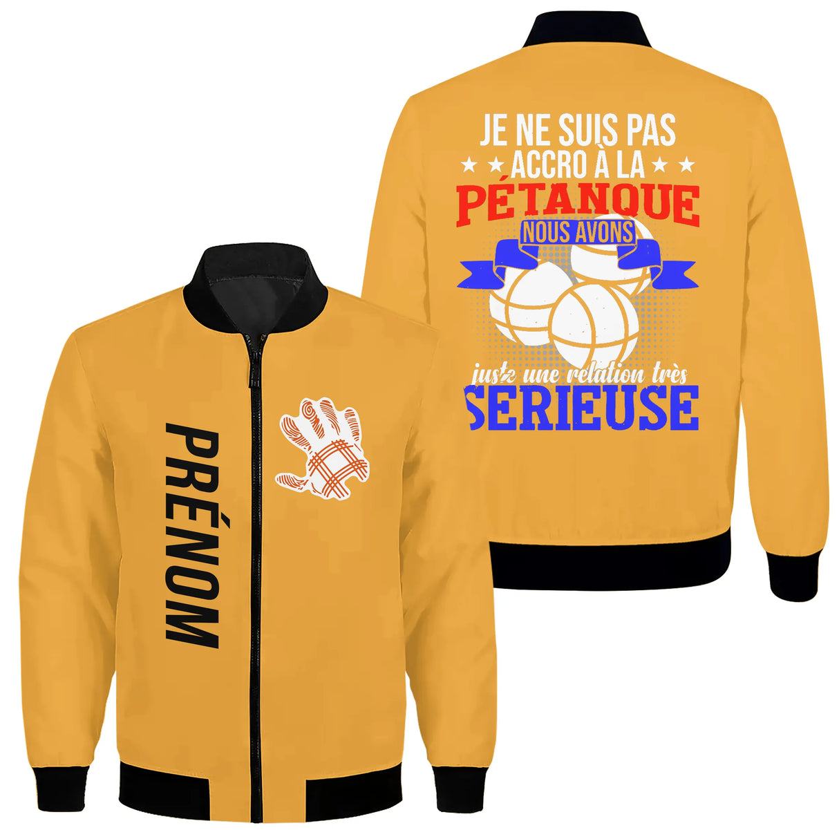 Veste bomber pétanque variante avec inscription humour bouliste, prénom personnalisé