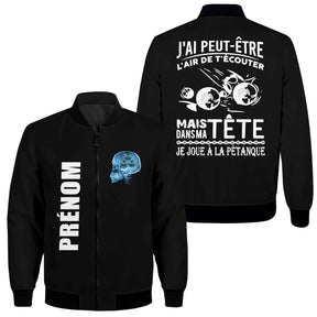 Veste pétanque noire humour cerveau bleu boules dos visuel je joue à la pétanque prénom manche personnalisée