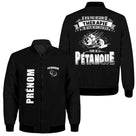 Veste pétanque bomber noir thérapie pétanque illustrations boules mouvement étoiles message humoristique PRÉNOM