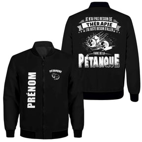 Veste pétanque bomber noir thérapie pétanque illustrations boules mouvement étoiles message humoristique PRÉNOM