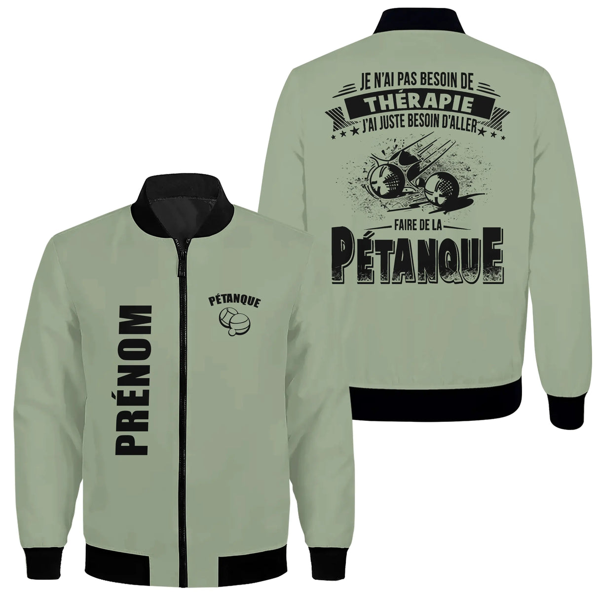 Veste pétanque bomber noir vue dos message je n'ai pas besoin thérapie juste pétanque illustrations boules