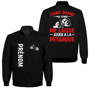 Veste pétanque bomber bleu marine vue manche prénom personnalisé logo association sport conjugal
