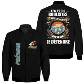 Veste bomber pétanque vert variante avec inscription humour bouliste bureau, prénom personnalisé