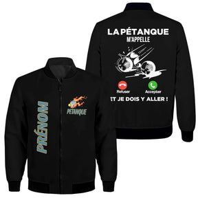 Veste bomber pétanque marine variante avec inscription appel pétanque, prénom personnalisé