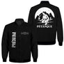 Veste pétanque bomber noir silhouette joueur lancer accroupi paysage montagne lune inscription PÉTANQUE poétique