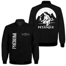 Veste pétanque bomber noir silhouette joueur lancer accroupi paysage montagne lune inscription PÉTANQUE poétique