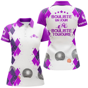 Polo pétanque femme rose Bouliste un jour toujours étoiles losanges boules dos prénom manche personnalisé