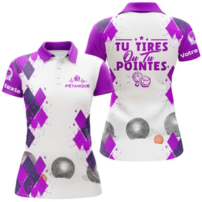 Polo pétanque femme rose Tirer ou pointer losanges boules dos prénom manche bouliste personnalisé