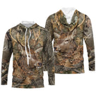 Maillot anti-UV à capuche chasse cerf camouflage forêt feuilles mortes motif cerf de profil tête haute majestueux