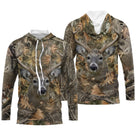 Maillot anti-UV à capuche chasse cerf biche camouflage forêt feuilles mortes motif cerf majestueux et biche clairière