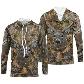 Maillot anti-UV à capuche chasse cerf biche camouflage forêt feuilles mortes motif cerf majestueux et biche clairière