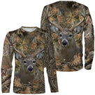 T-shirt manches longues camouflage chasse cerf biche feuilles mortes motif cervidé all-over chasseur clairière