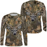 Maillot UV manches longues chasse cerf biche camouflage feuilles mortes motif cervidé all-over chasseur affût