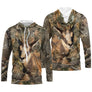 Maillot anti-UV à capuche chasse chamois camouflage forêt feuilles mortes motif chamois alerte sur arête rocheuse