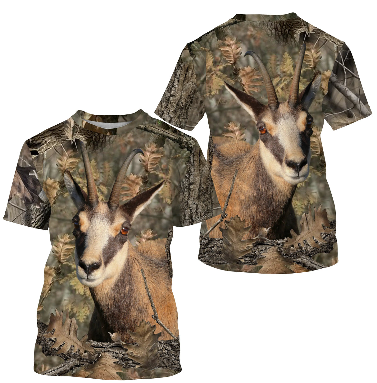 T-shirt camouflage chasse chamois forêt feuilles mortes motif chamois sur paroi rocheuse all-over chasseur