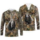 Maillot anti-UV à capuche chasse élan camouflage forêt feuilles mortes motif élan imposant aux bois caractéristiques