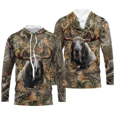 Maillot anti-UV à capuche chasse élan camouflage forêt feuilles mortes motif élan imposant aux bois caractéristiques
